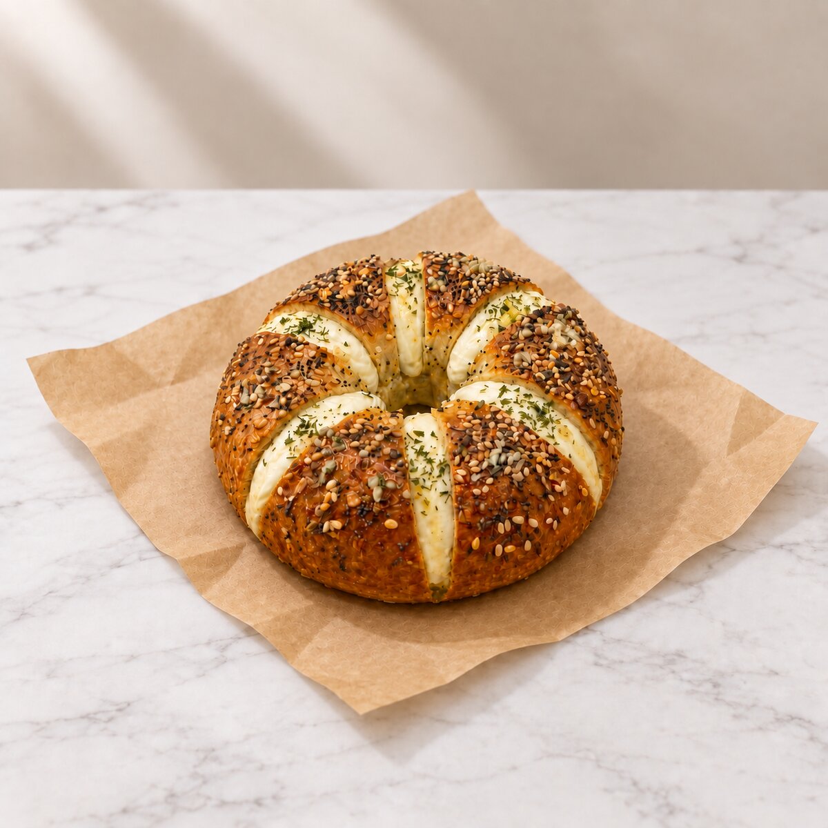 Garlic pull apart bagel with whipped cream cheese and garlic butter in every pull